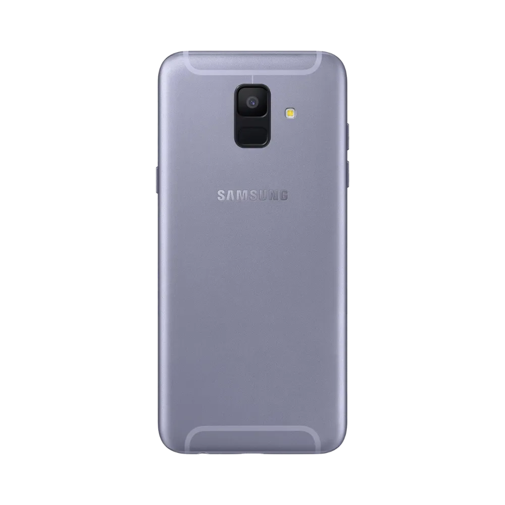 Dos violet Samsung Galaxy A6 2018 avec simple caméra et capteur d’empreintes – réparation vitre arrière cassée, changement batterie et restauration esthétique par iTelier Lyon – expertise locale, diagnostic offert, garantie 1 an.