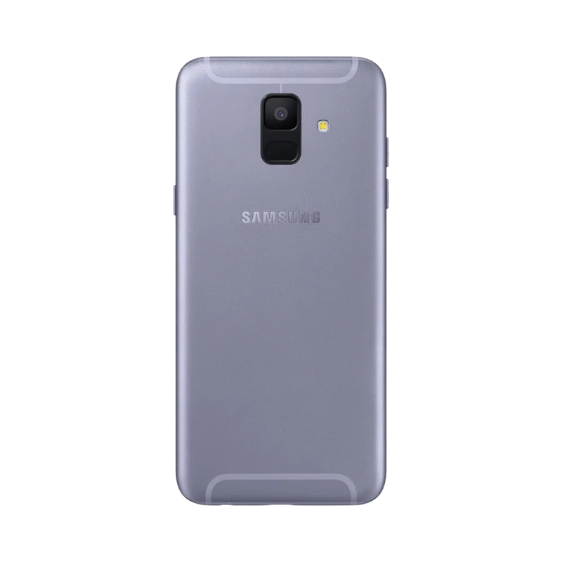 Dos violet Samsung Galaxy A6 2018 avec simple caméra et capteur d’empreintes – réparation vitre arrière cassée, changement batterie et restauration esthétique par iTelier Lyon – expertise locale, diagnostic offert, garantie 1 an.