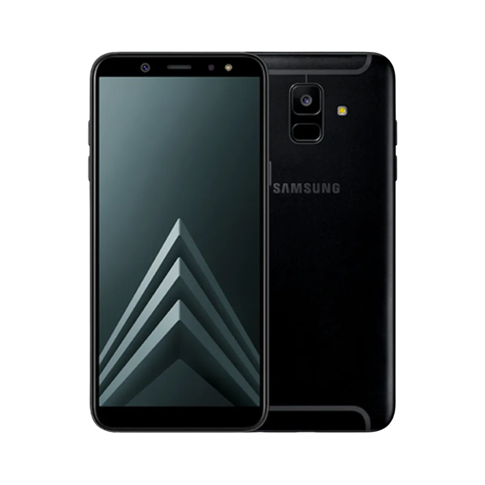 Samsung Galaxy A6+ 2018 noir vu de face et de dos – réparation écran Super AMOLED, remplacement batterie et vitre arrière avec iTelier Lyon – diagnostic gratuit, service rapide, garantie pièces et main-d’œuvre.