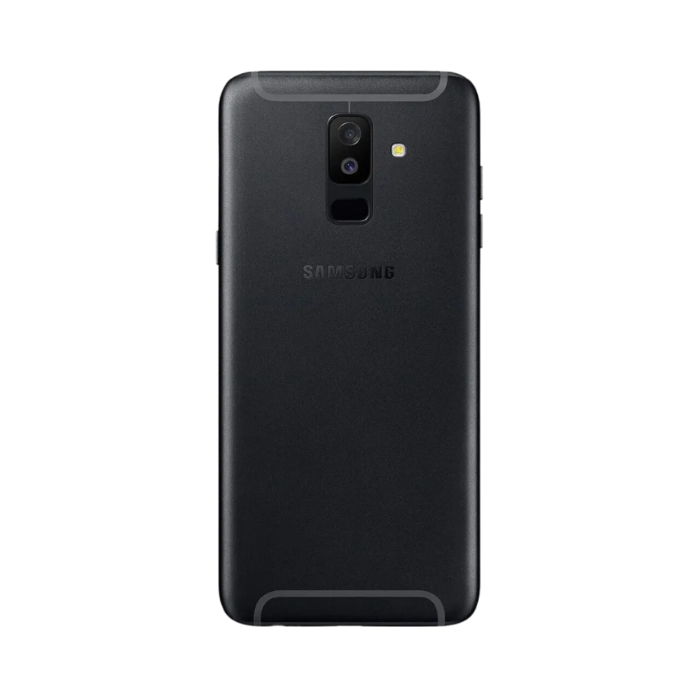 Dos noir Samsung Galaxy A6+ 2018 avec double caméra et capteur d’empreintes – réparation vitre arrière cassée, changement batterie et restauration esthétique par iTelier Lyon – expertise locale, diagnostic offert, garantie 1 an.