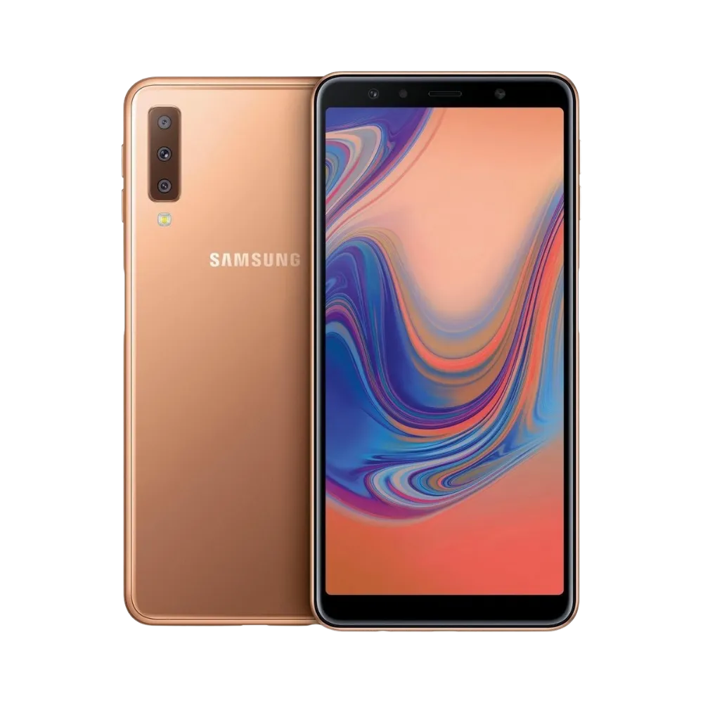 Samsung Galaxy A7 2018 or vu de face et de dos – réparation écran Super AMOLED, remplacement batterie et vitre arrière avec iTelier Lyon – diagnostic gratuit, service express, garantie pièces et main-d’œuvre.