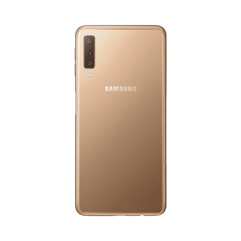 Dos or Samsung Galaxy A7 2018 avec triple caméra verticale – réparation vitre arrière cassée, changement batterie et restauration esthétique par iTelier Lyon – expertise locale, diagnostic offert, garantie 1 an.