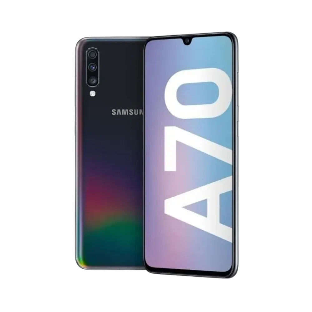 Samsung Galaxy A70 noir vu de face et de dos – réparation écran AMOLED, remplacement batterie et vitre arrière avec iTelier Lyon – diagnostic offert, garantie pièces et main-d’œuvre, service local et national.