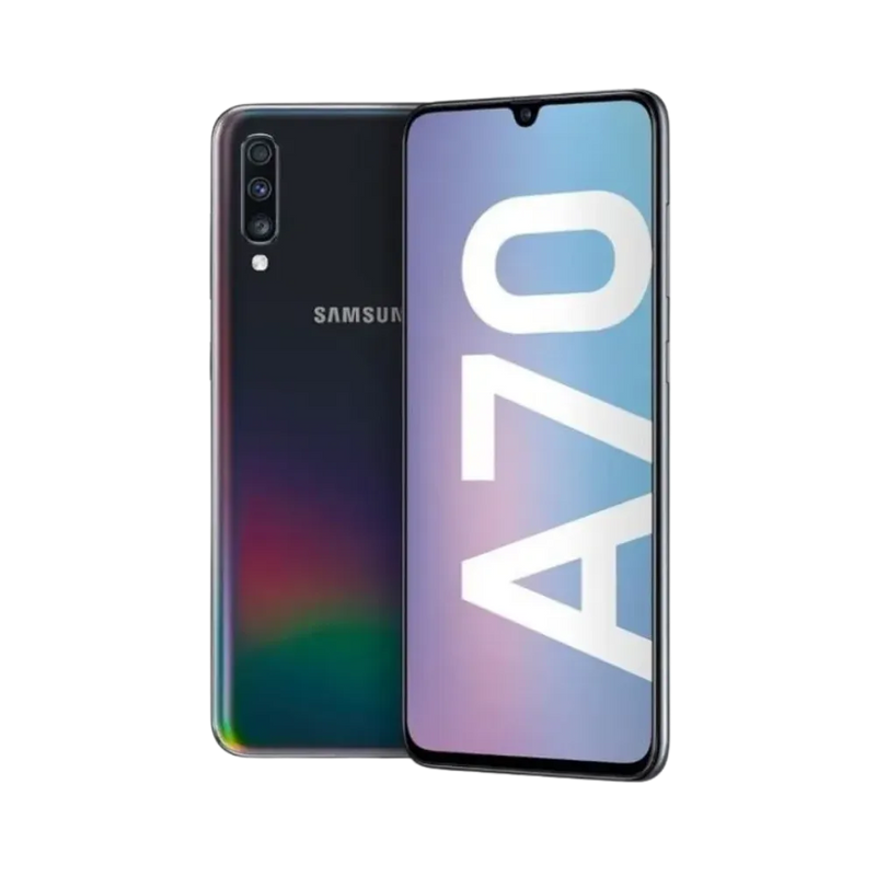 Samsung Galaxy A70 noir vu de face et de dos – réparation écran AMOLED, remplacement batterie et vitre arrière avec iTelier Lyon – diagnostic offert, garantie pièces et main-d’œuvre, service local et national.