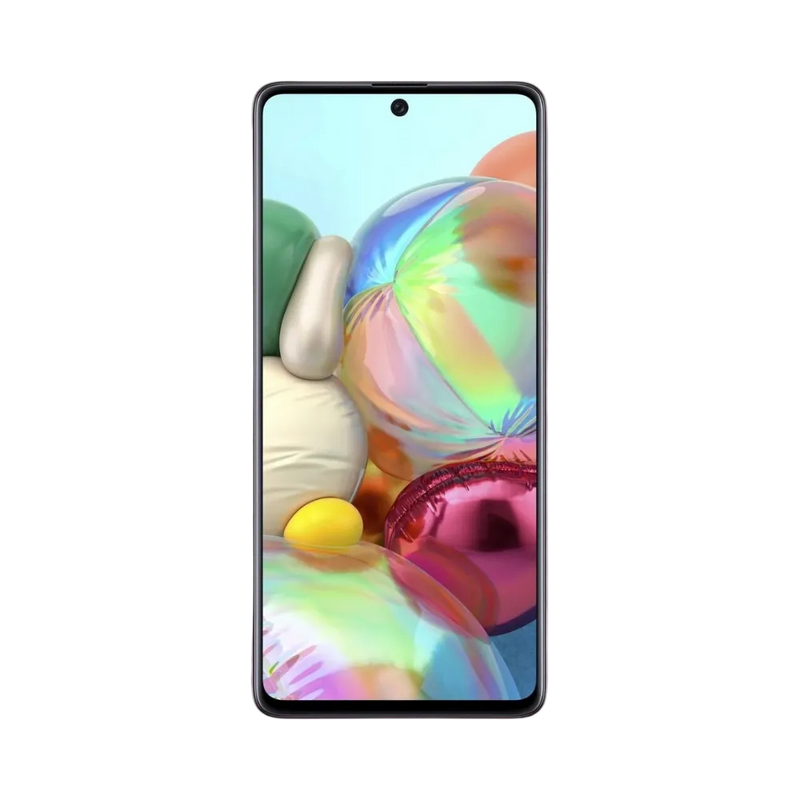 Samsung Galaxy A71 bleu vu de face et de dos – réparation écran AMOLED, changement batterie et vitre arrière avec iTelier Lyon – diagnostic offert, garantie 1 an, service rapide en boutique ou par envoi.