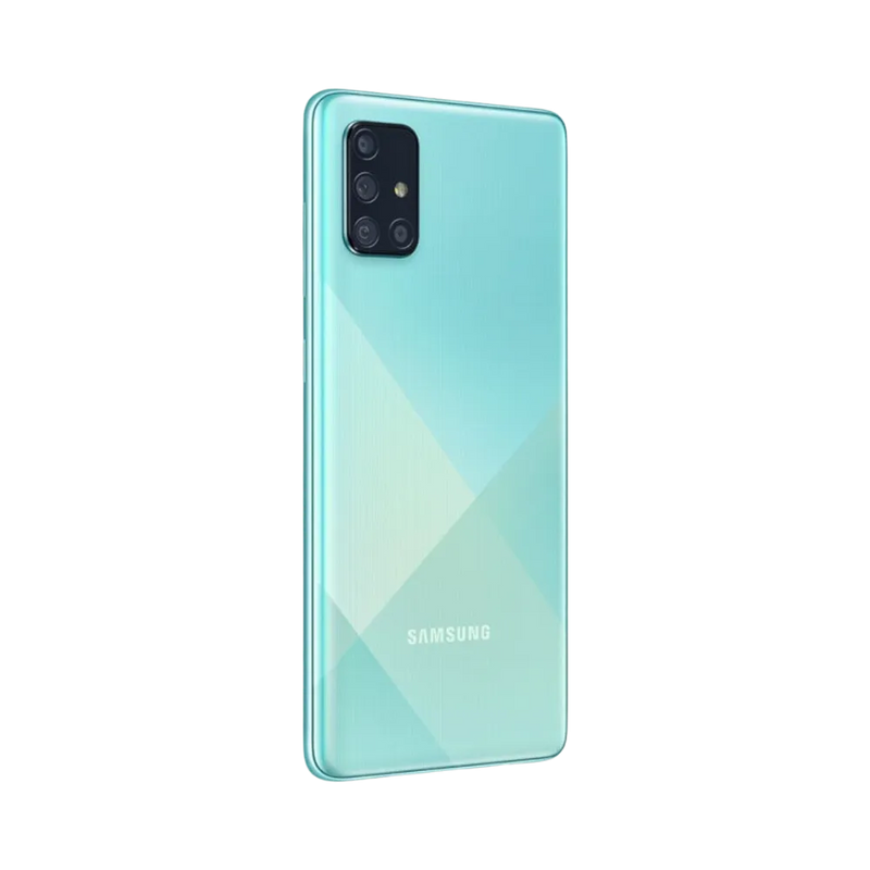 Dos turquoise Samsung Galaxy A71 avec module photo – réparation vitre arrière fissurée, changement batterie et restauration complète par iTelier Lyon – service professionnel garanti 1 an.