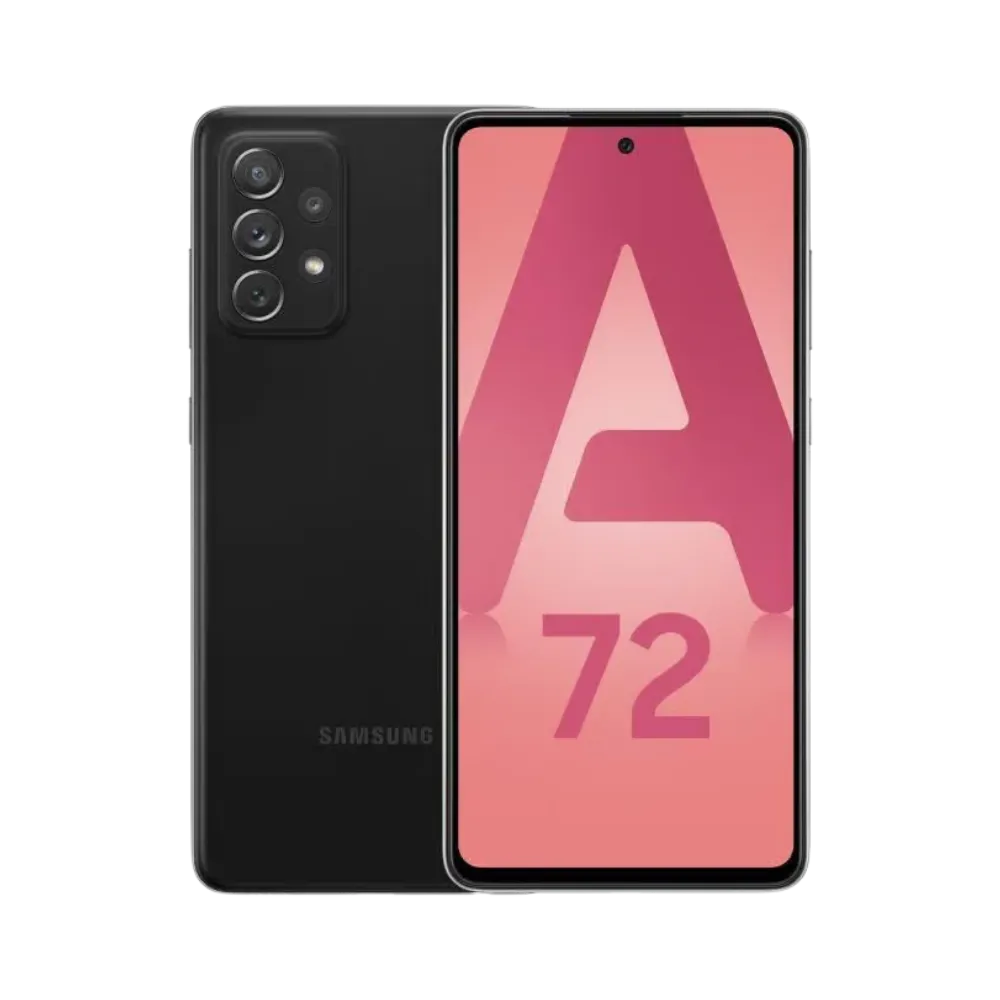 Samsung Galaxy A72 noir vu de face et de dos – réparation écran AMOLED, changement batterie ou vitre arrière avec iTelier Lyon – diagnostic gratuit, garantie 1 an, service en boutique et par colis.