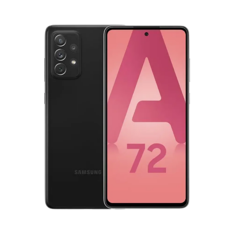 Samsung Galaxy A72 noir vu de face et de dos – réparation écran AMOLED, changement batterie ou vitre arrière avec iTelier Lyon – diagnostic gratuit, garantie 1 an, service en boutique et par colis.