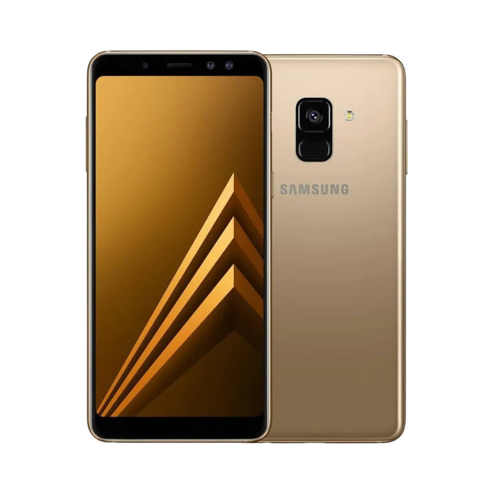 Samsung Galaxy A8 2018 or vu de face et de dos – réparation écran Super AMOLED, remplacement batterie et vitre arrière avec iTelier Lyon – diagnostic gratuit, service rapide, garantie pièces et main-d’œuvre.