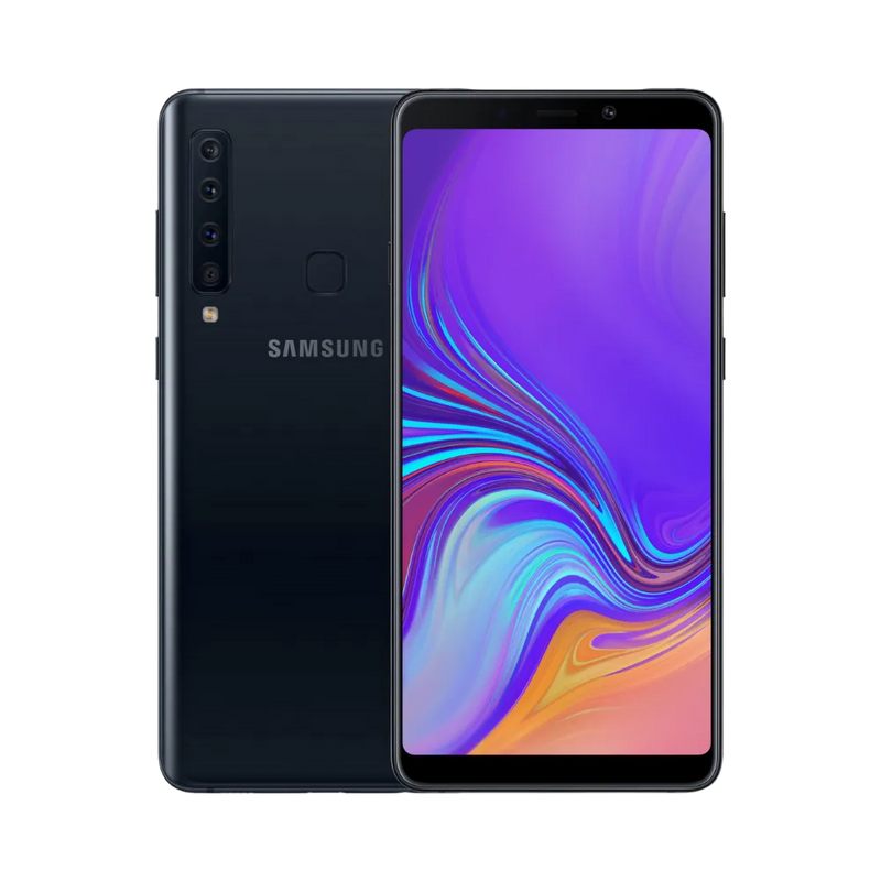 Samsung Galaxy A9 2018 noir vu de face et de dos – réparation écran Super AMOLED, remplacement batterie et vitre arrière avec iTelier Lyon – diagnostic offert, service express, garantie pièces et main-d’œuvre.