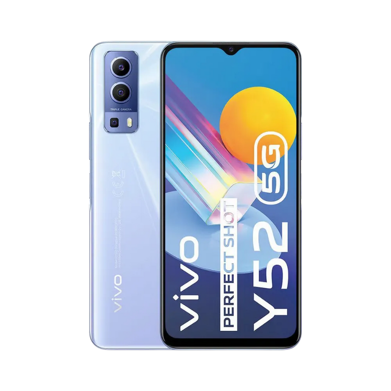 Vivo Y52 5G vu de face et de dos, réparation complète à iTelier Lyon : écran, batterie, connecteur de charge et vitre arrière avec diagnostic gratuit et garantie 1 an.